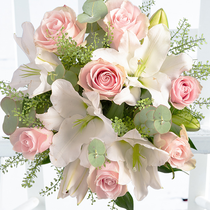 Luxury Flower Bouquet - Pink Roses & White Oriental Lilies - Flowers - Simply Pink Rose & Lily Bouquet - Next Day Flower & Gift Delivery UK -