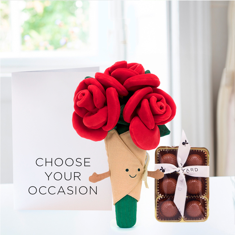 Jellycat Rose Bouquet, 6 Truffle Tray & Occasion Card - Hamper - Next Day Hamper Gift Delivery UK - Appleyard London