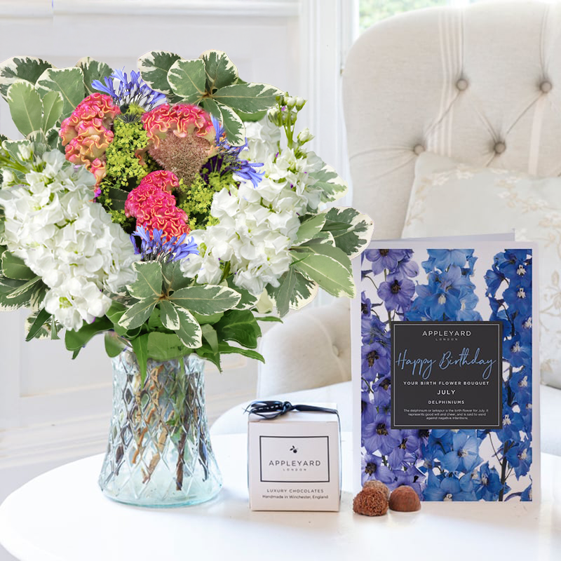 July Birthday Bouquet Gift Set | Flowers, Chocolate Truffles & Birthday Card | Flower Delivery UK - Appleyard London