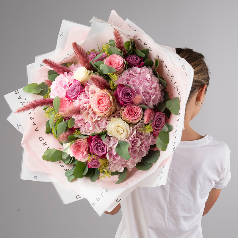 Hydrangea & Rose Flower Luxury Bouquet - Pink, Purple, White - Eucalyptus, Lilies - Next Day Flower Delivery UK - Appleyard London