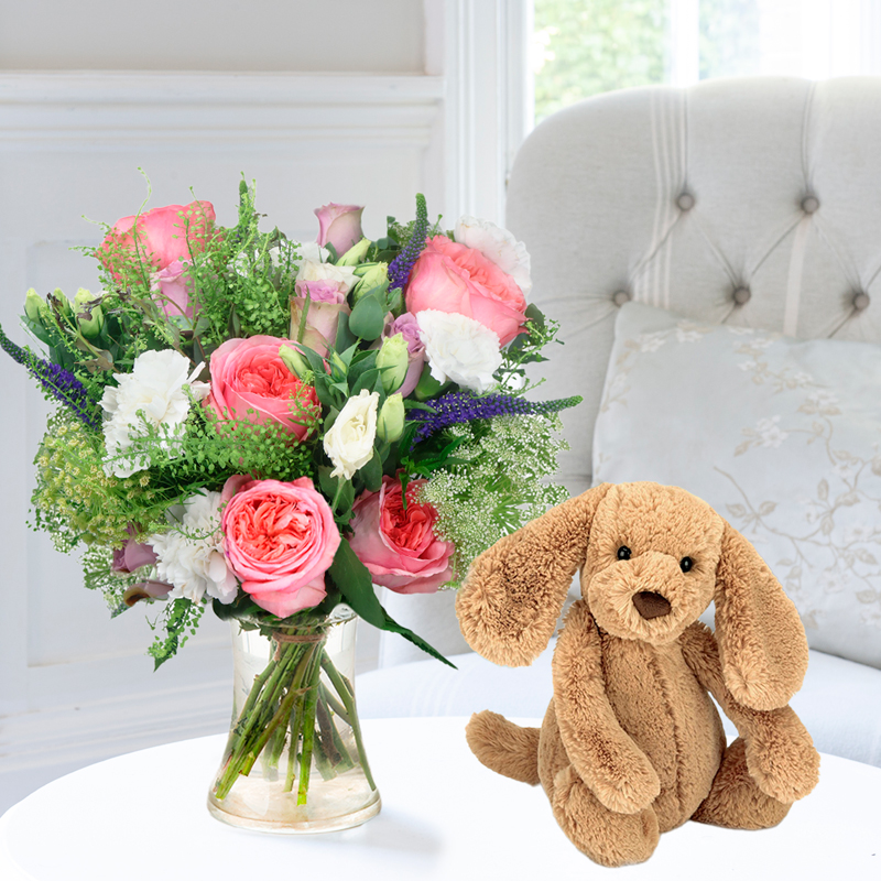 Lilac & Peony Rose & Jellycat Toffee Puppy | Gifts to Truly Wow by Appleyard | Next Day Flowers Delivery - Appleyard London