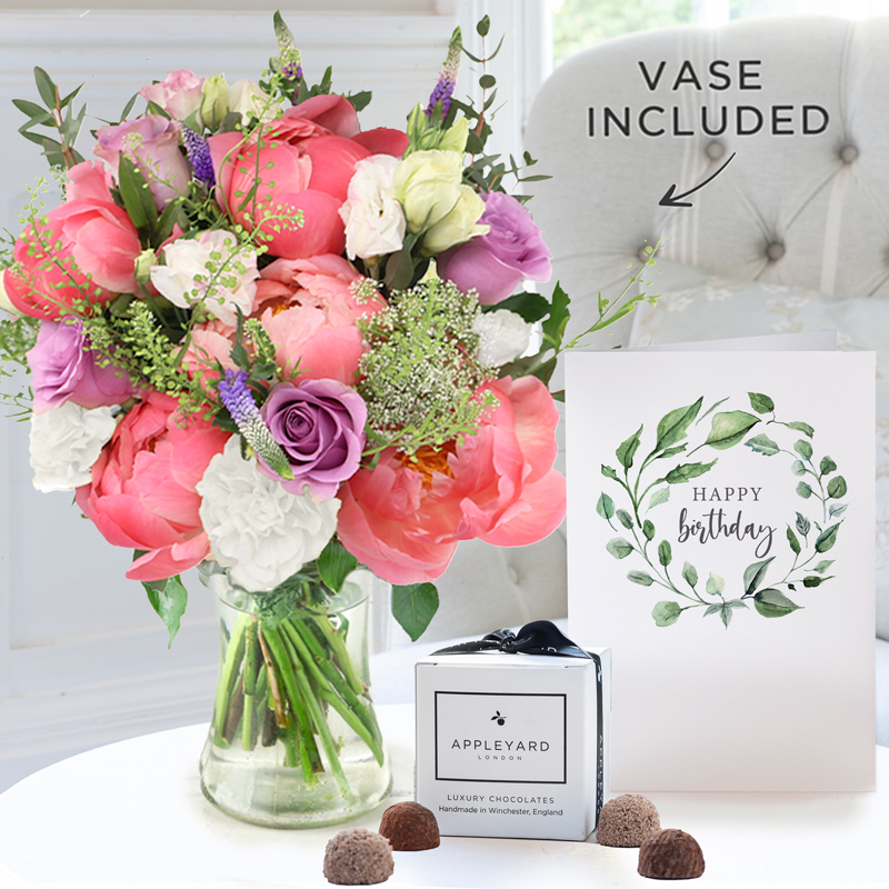 Lilac Rose & Peony, Vase, 6 Truffles & Birthday Card image