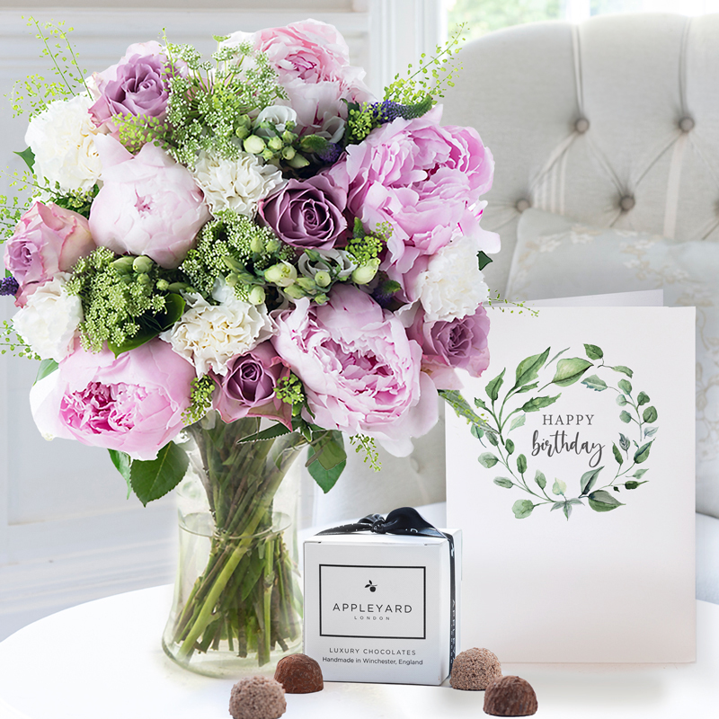 Lilac Rose & Peony, Vase, 6 Truffles & Birthday Card image