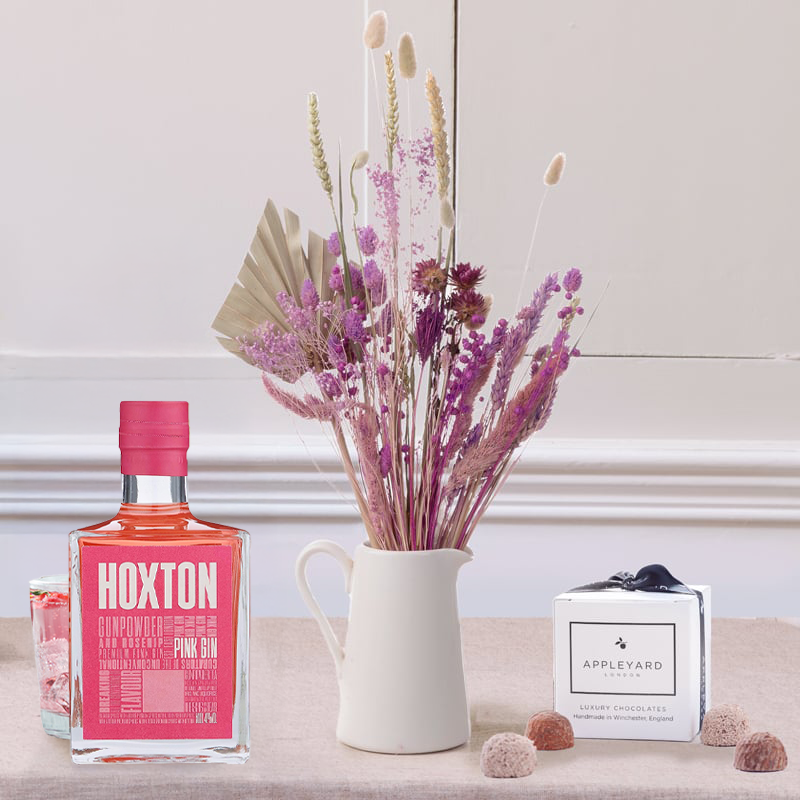 Flower Gift Set Lilac Haze, Hoxton Pink Gin 50cl & 6 Mixed Truffles - Lilac, Purple - Next Day Flower & Gift Delivery UK - Appleyard London