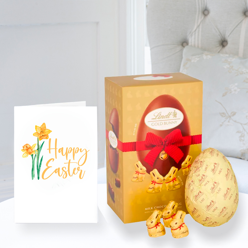 Lindt Gold Milk Chocolate Egg With Mini Bunnies (250g) & Happy Easter Card | Easter Gifts Delivered UK | Appleyard London