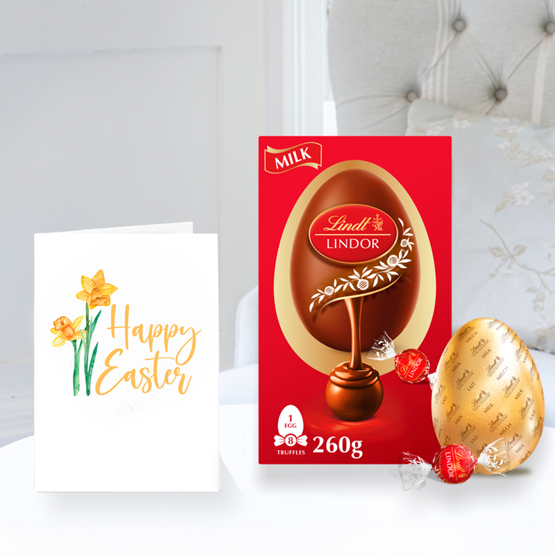 Lindt Milk Chocolate Egg With Lindor Truffles (260g) & Happy Easter Card | Easter Gifts Delivered UK | Appleyard London