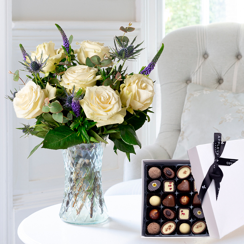 Flower Gift Set - Lunar & Box Of 25 Chocolates - Blue, Cream, Green - Eucalyptus & Roses - Next Day Flower & Gift Delivery UK - Appleyard London