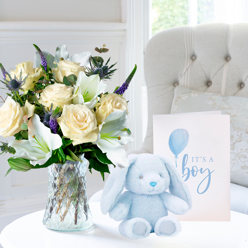 White Roses, White Lilies & Veronica Bouquet | Flowers, Baby Boy Bunny & Card | New Baby Gifts | Flower Delivery UK - Appleyard London
