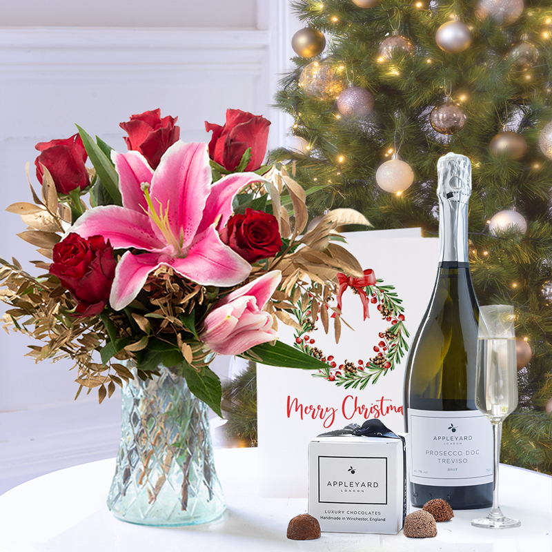 Flower Gift Set Christmas - Magical Lily & Rose, Appleyard Prosecco, 6 Mixed Truffles & Card - Roses - Christmas Flower & Gift Delivery UK - Appleyard