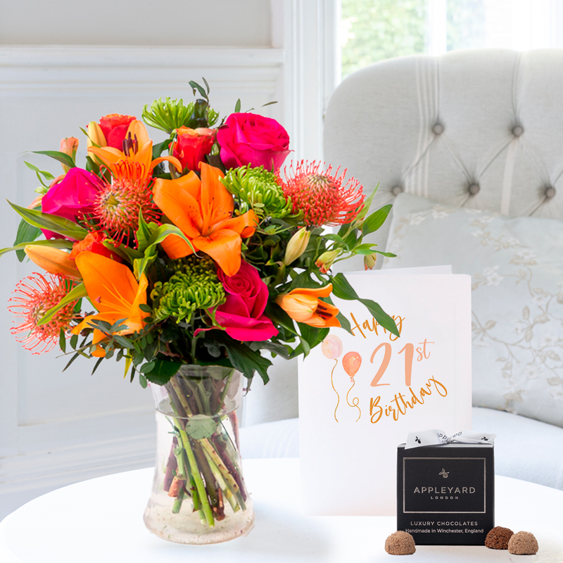 Flower Gift Set - Mardi Gras - 12 Truffles & 21st Birthday Card - Next Day Flower Delivery UK - Flowers Delivered - Next Day Flower & Gift Delivery UK
