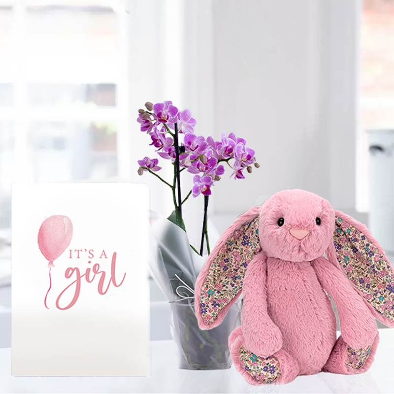 Mini Pink Orchid, Jellycat® Pink Blossom Bunny & New Baby Girl Card image