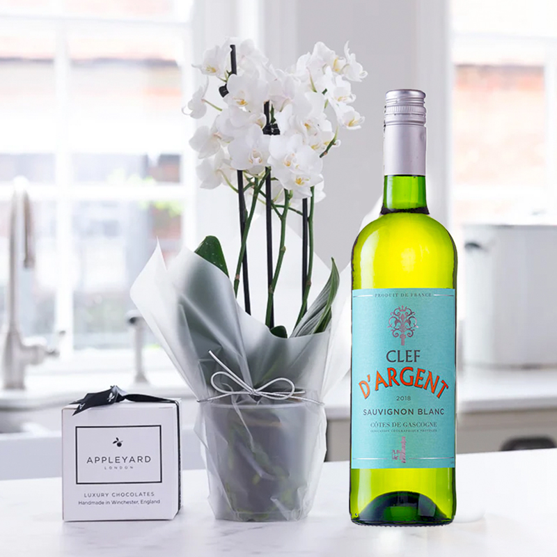 Mini White Orchid (20-25cm), Clef d'Argent Sauvignon Blanc & 6 Mixed Truffles