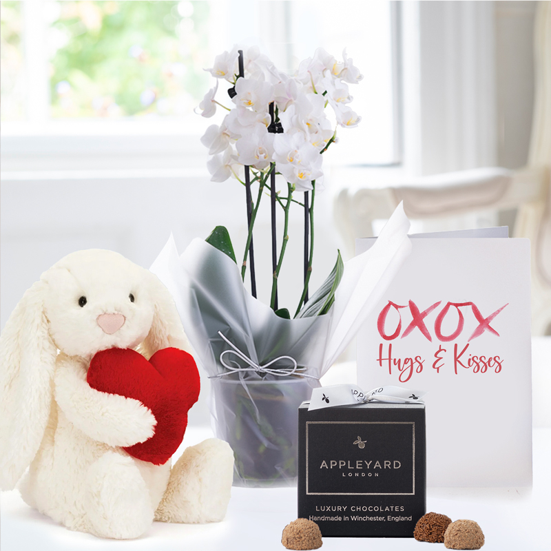 Gift Wrapped Mini White Orchid, 12 Truffles, Jellycat Love Heart Bunny & Romance Card image
