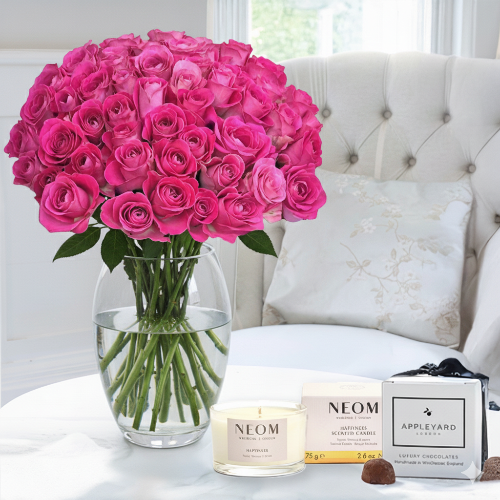 Flower Gift Set - 50 Pink Roses, NEOM Happiness Candle & 6 Truffles - Next Day Flower & Gift Delivery UK - Appleyard London