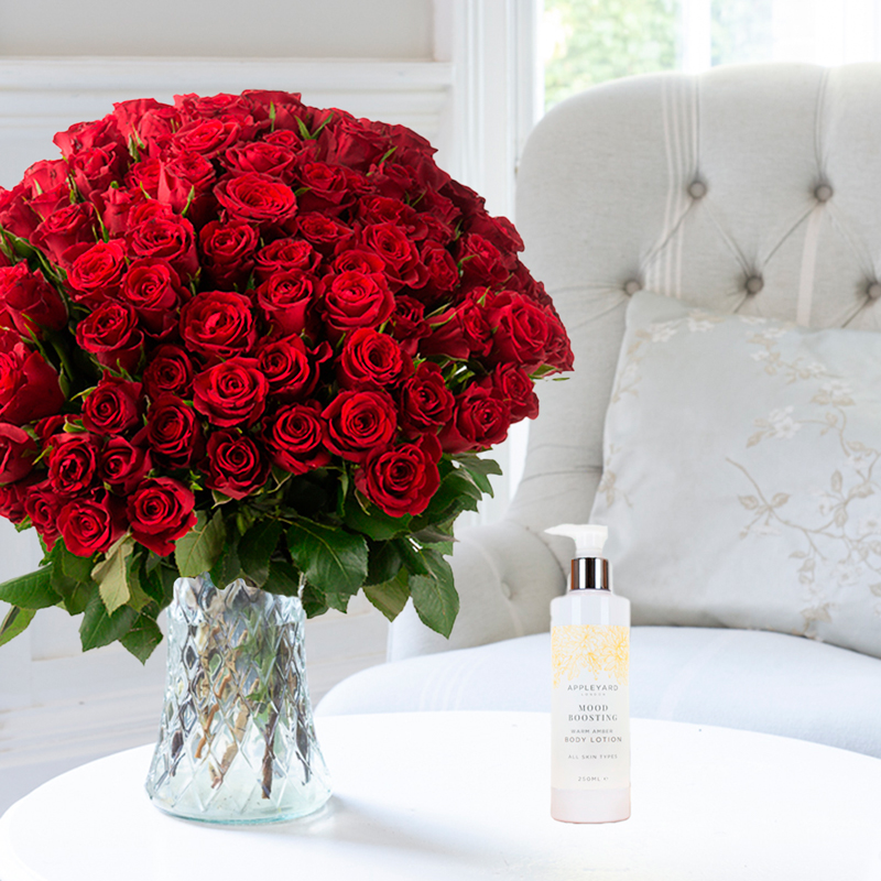 Flower Gift Set - 100 Red Roses & Warm Amber Body Lotion - Next Day Flower & Gift Delivery UK - Appleyard London