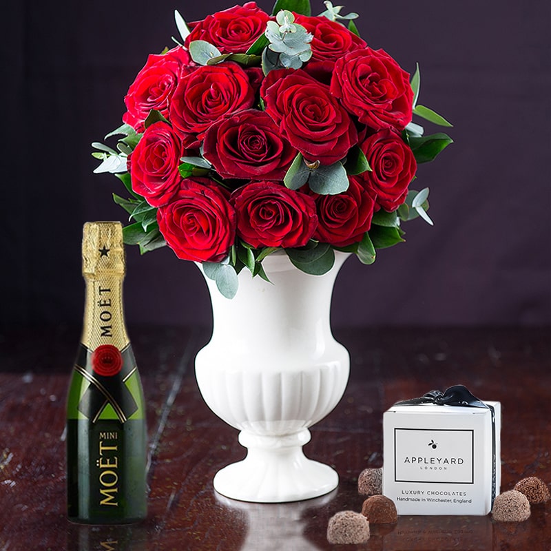 12 Opulent Red Roses, Mini Moët & 6 Mixed Truffles