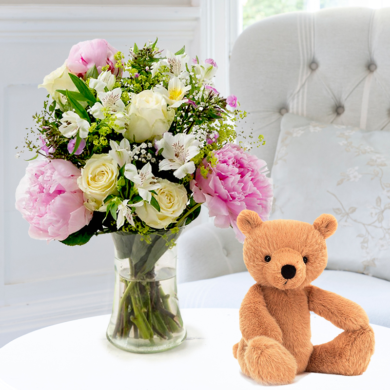 Peonies & Cream & Jellycat Rufus Bear (29cm) image