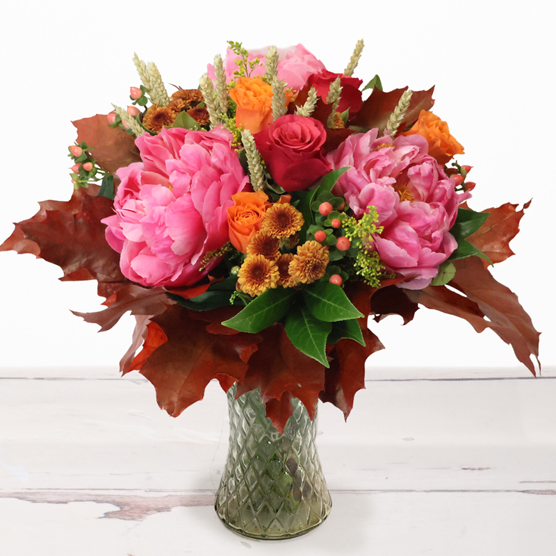 Pink Peony Punch Pie - Orange, Pink - Chrysanthemum & Orange Roses - Flower Bouquet - Next Day Flower Delivery UK - Appleyard London