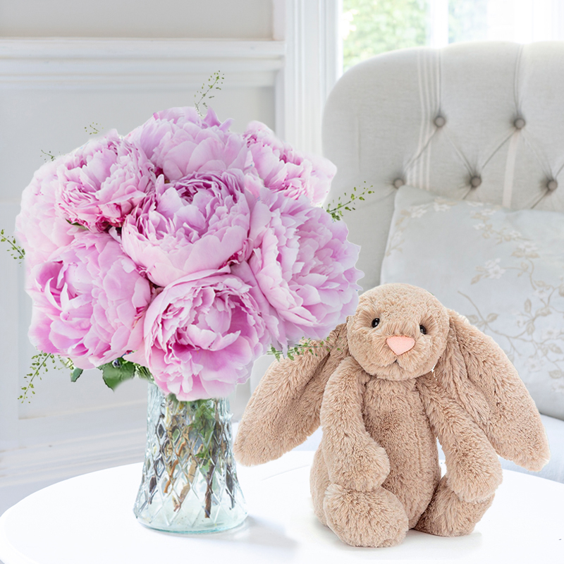 Pink Peonies & Jellycat Bashful Beige Bunny (31cm) image