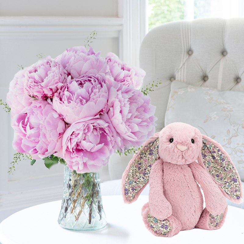 Pink Peonies & Jellycat Pink Bunny (31cm) image