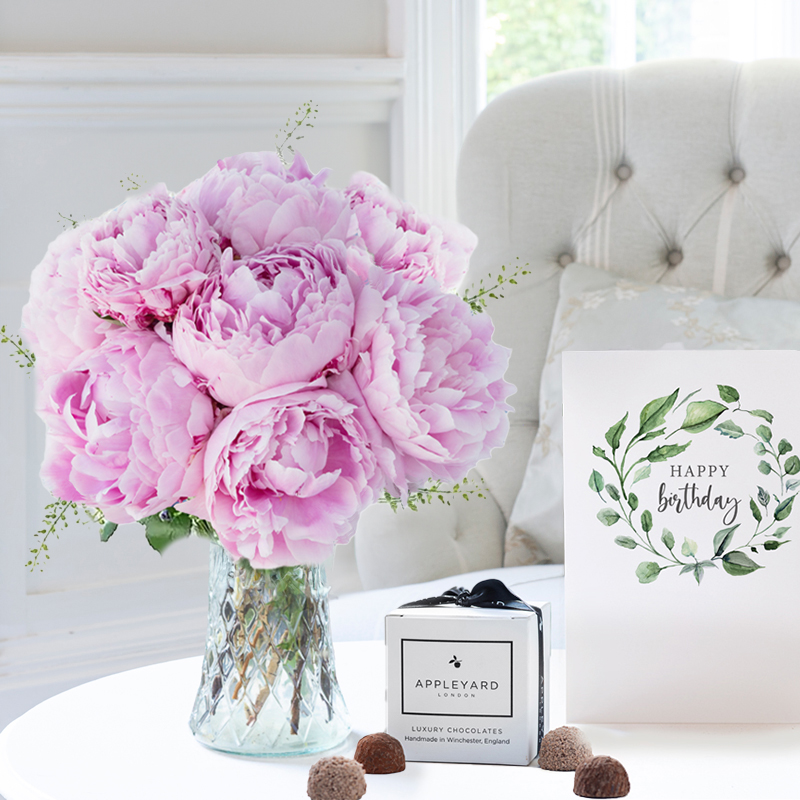 Pink Peonies, 6 Truffles & Birthday Card image