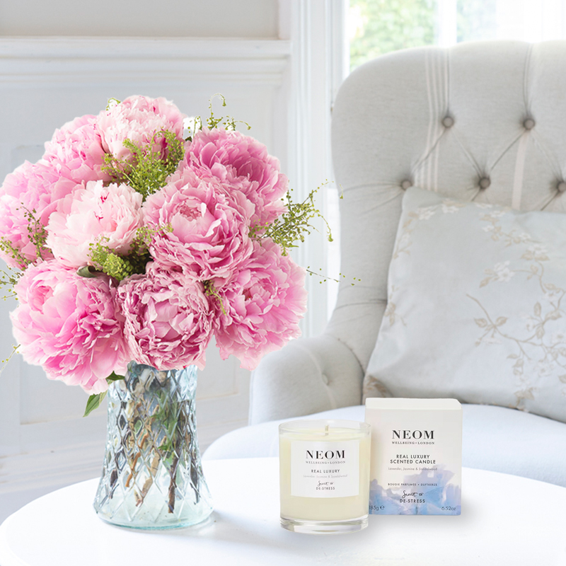 Flowers & Candle Gift Set - British Pink Peony & NEOM Candle - Peonies - Pastel, Pink - Next Day Flower & Gift Delivery UK - Appleyard London
