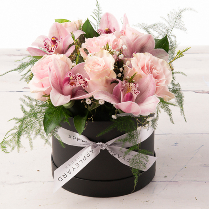 Pink Rose & Orchid Hatbox Flower Bouquet - Cymbidium Orchid & Orchids - Pink - Next Day Flower Delivery UK - Appleyard London