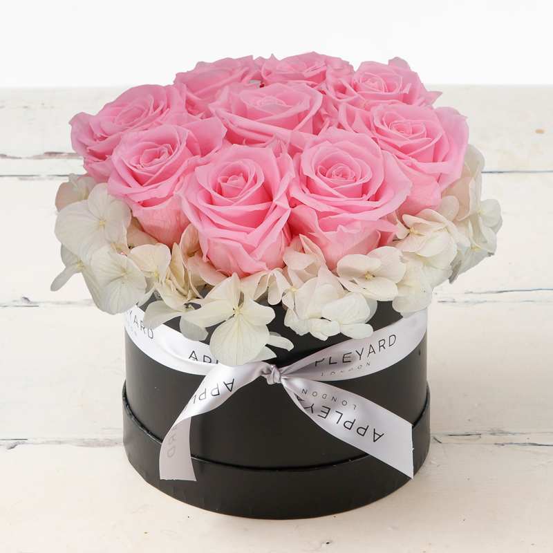 Pink Rose & White Hydrangea Hatbox (Lasts Up To A Year)