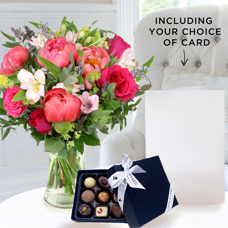 Pomegranate Rose & Peony, 9 Luxury Chocolates & Free Card image