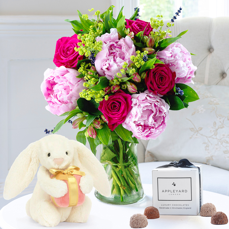Pomegranate Rose & Peony, Jellycat® Bashful Bunny with Present (18cm) & 6 Appleyard Mixed Truffles image