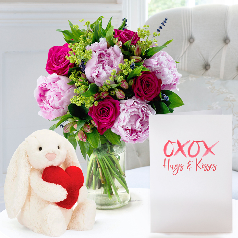 Pomegranate Rose & Peony, Jellycat Bashful Red Love Heart Bunny (18cm) & Romance Card image