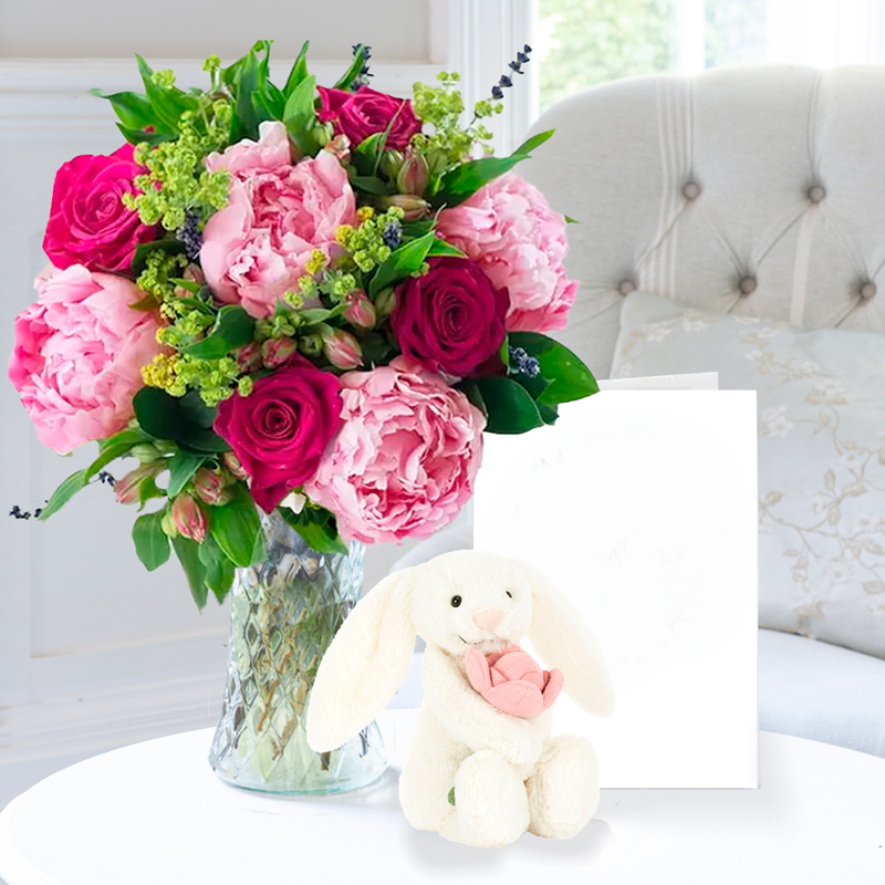New Baby Flowers & Jellycat Gift Set - Pomegranate Rose & Pink Peony Jellycat Pink Peony Bunny & Occasion Card - Pink - pink - Next Day Flower & Gift