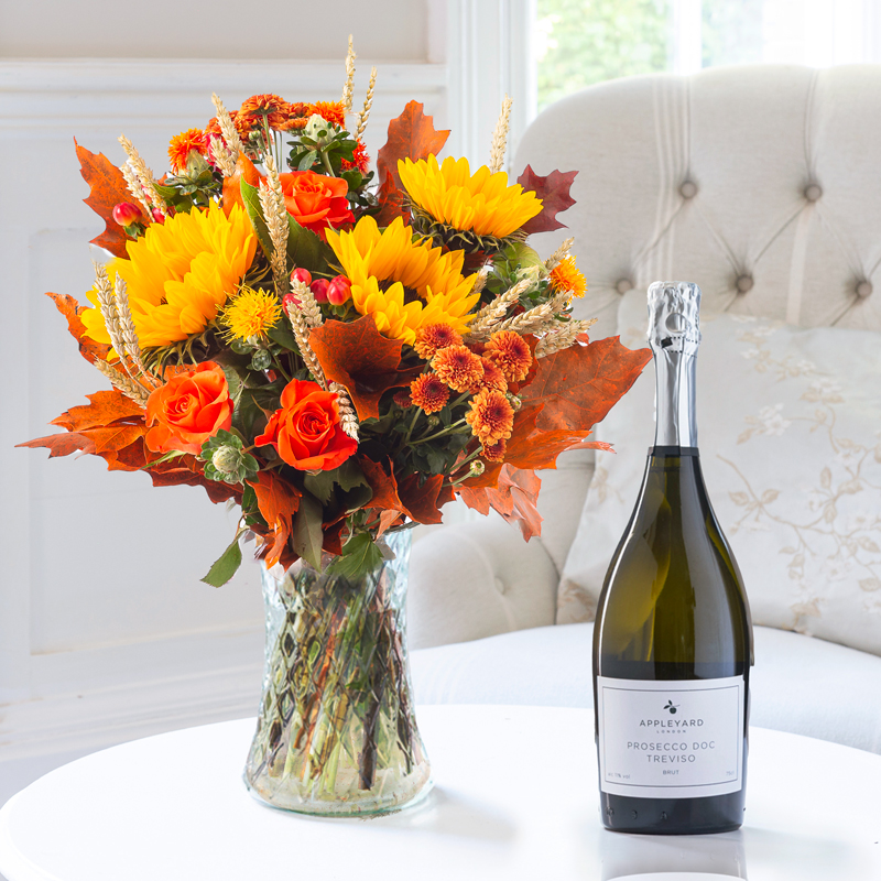 Flower Gift Set - Pumpkin Pie & Prosecco - Orange, Red, Peach - Chrysanthemum & Roses - Next Day Flower & Gift Delivery UK - Appleyard London