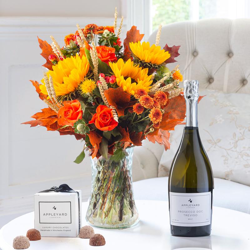 Flower Gift Set - Pumpkin Pie, Prosecco & 6 Mixed Truffles - Orange, Red, Peach - Chrysanthemum & Roses - Next Day Flower & Gift Delivery UK -
