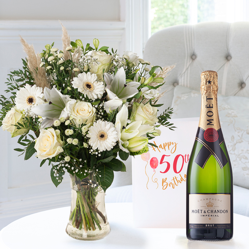 Flower Gift Set - Purity - Moët & Chandon & 50th Birthday Card - Next Day Flower Delivery UK - Flowers Delivered - Next Day Flower & Gift Delivery UK