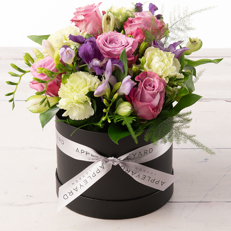 Purple & Lilac Hatbox | Designed by Luxury Florist | Hatbox Flowers | Red Rose Hatbox | Next Day Flower Delivery UK Appleyard London