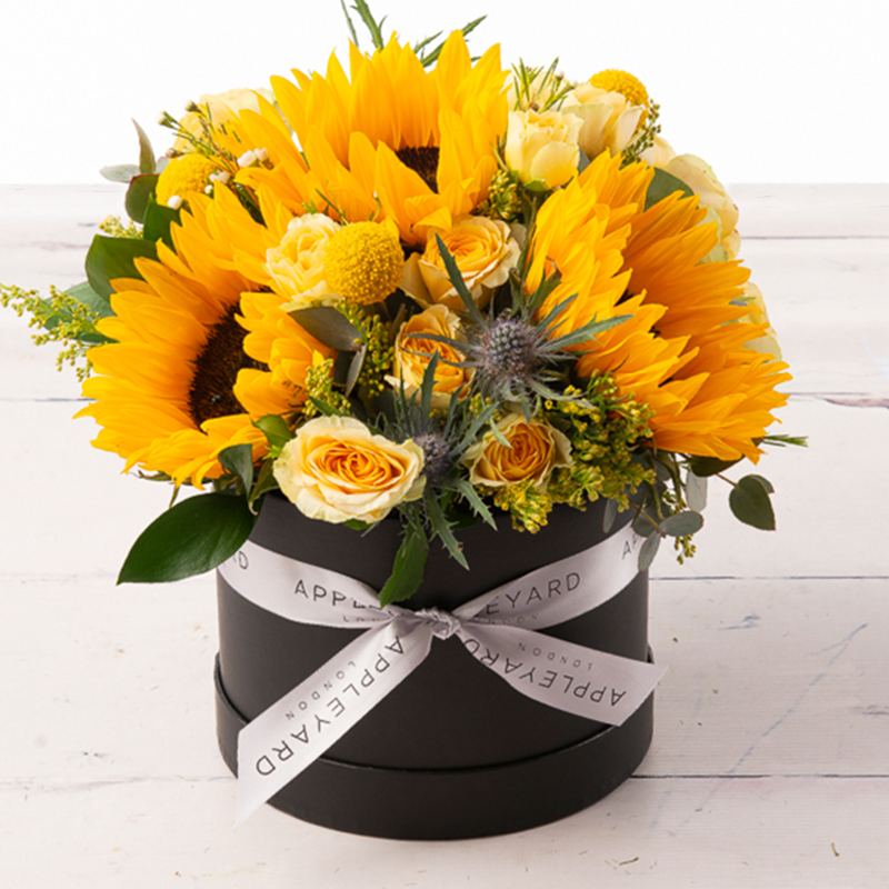 Radiant Hatbox Flower Bouquet - Yellow - Eucalyptus & Roses - Next Day Flower Delivery UK - Appleyard London