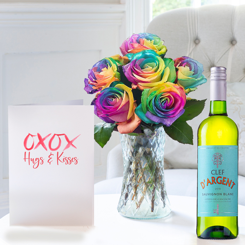 Rainbow Roses, Clef D'Argent Sauvignon Blanc & Romance Card image