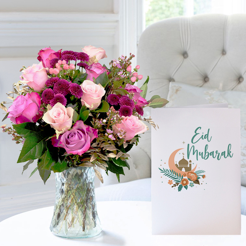 Flowers & Vase Gift Set Eid - Pink & Lilac Rose Bouquet, Vase & Card - Vintage Roses Bouquet - Gold - Next Day Flower & Gift Delivery UK - Next Day