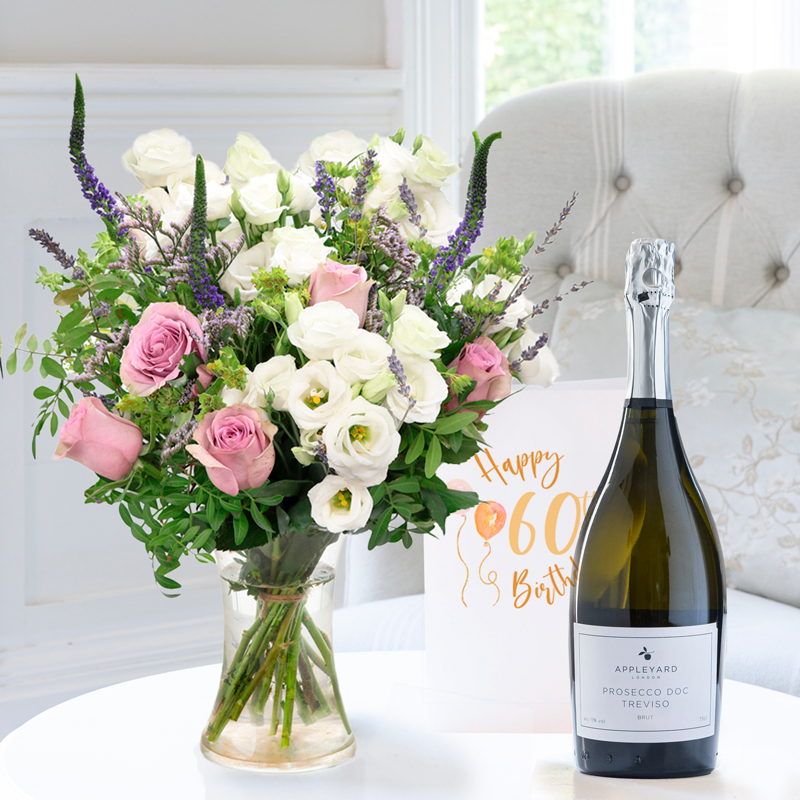 Flower Gift Set - Scented Lavender - Appleyard Prosecco & 60th Birthday Card - Next Day Flower Delivery UK - Flowers Delivered - Next Day Flower &