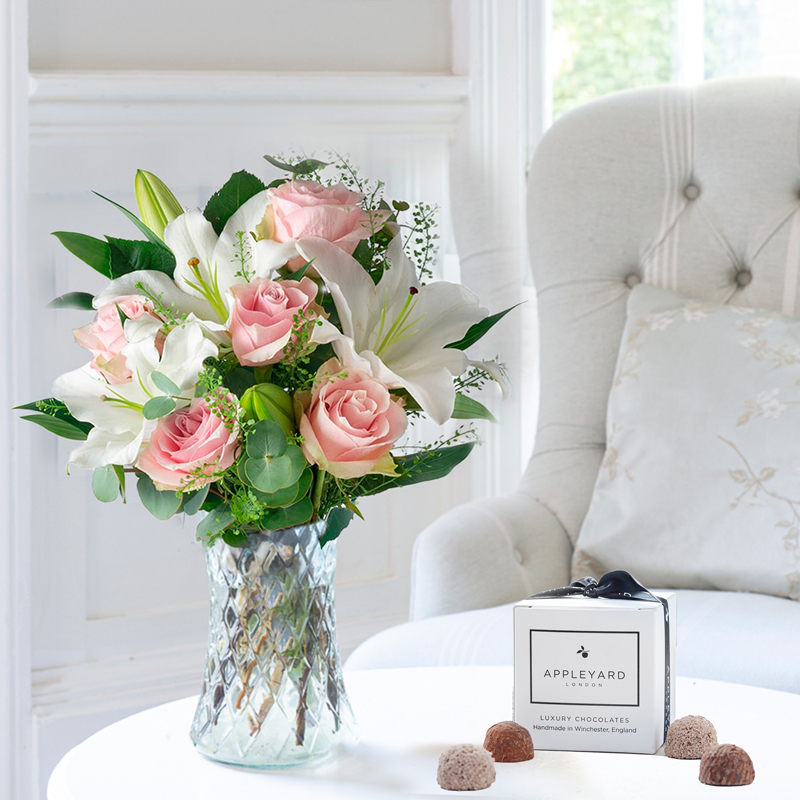 Simply Pink Rose & Lily & 6 Chocolate Truffles | Flowers & Chocolates Gift Set | Next Day Flowers & Chocolates Delivery - Appleyard London