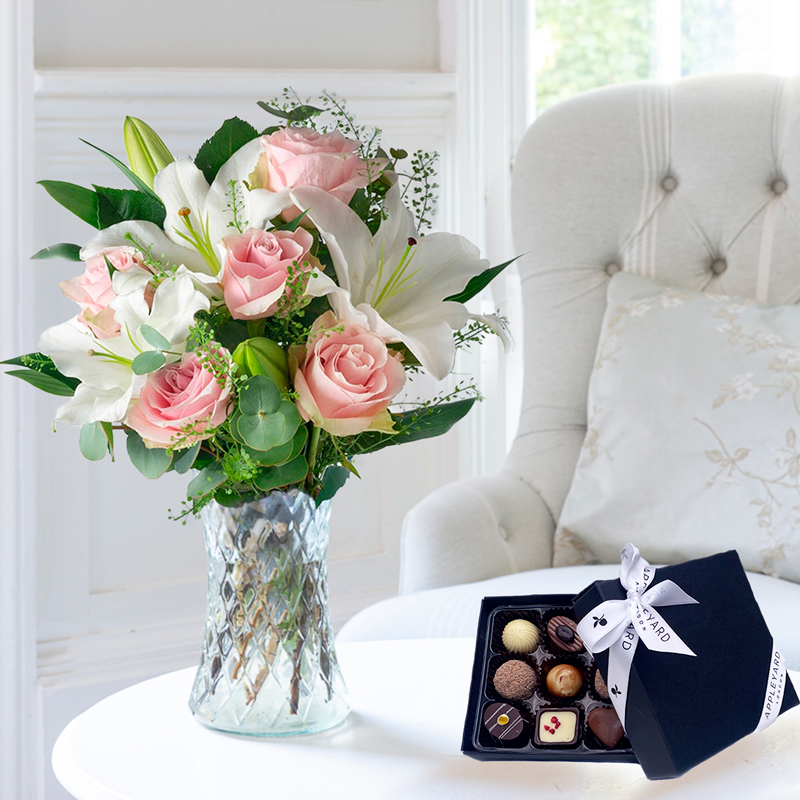 Simply Pink Rose & Lily & Box of 9 Chocolates | Flowers & Chocolates Gift Set | Next Day Flowers & Chocolates Delivery - Appleyard London