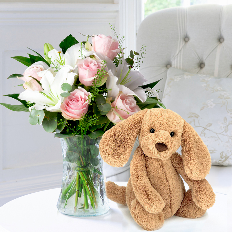 Simply Pink Rose & Lily & Jellycat® Bashful Toffee Puppy image
