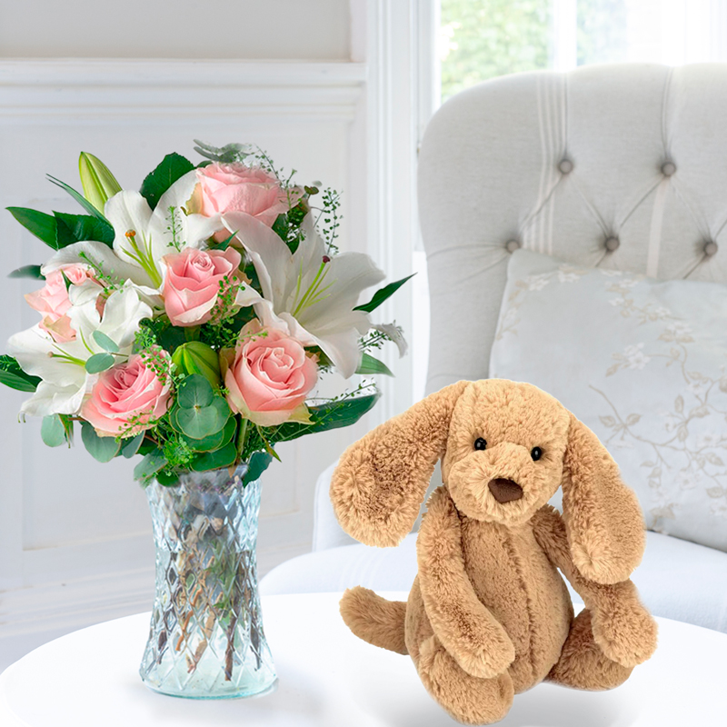 Simply Pink Rose & Lily & Jellycat Bashful Toffee Puppy | New Baby Gift | New Baby Flowers with Toy | UK Next Day Delivery - Appleyard London
