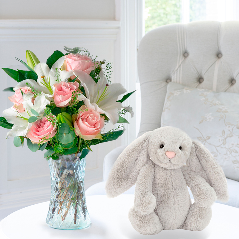 Simply Pink Rose & Lily & Jellycat Silver Bunny | New Baby Gift | New Baby Flowers with Toy | Next Day Flowers Delivery - Appleyard London