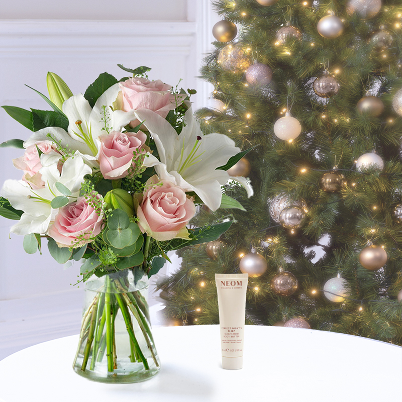 Luxury Pink Roses & White Lilies | NEOM Perfect Nights Sleep Body Butter | Luxury Flowers & Gifts Delivery UK | Appleyard London