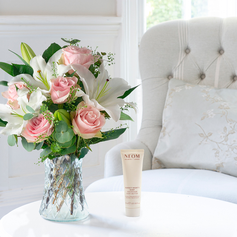 Flower Gift Set - Simply Pink Rose & Lily & NEOM Perfect Nights Sleep Mag Body Butter - Eucalyptus & Lilies - Cream, Green, Pink - Next Day Flower &