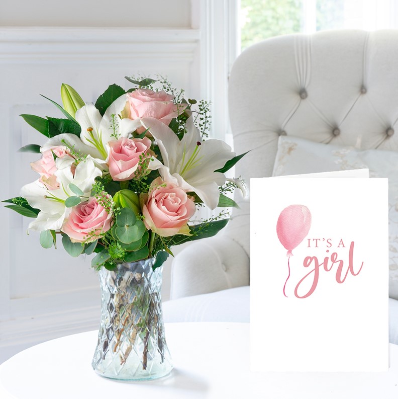 Simply Pink Rose & Lily & New Baby Girl Card image