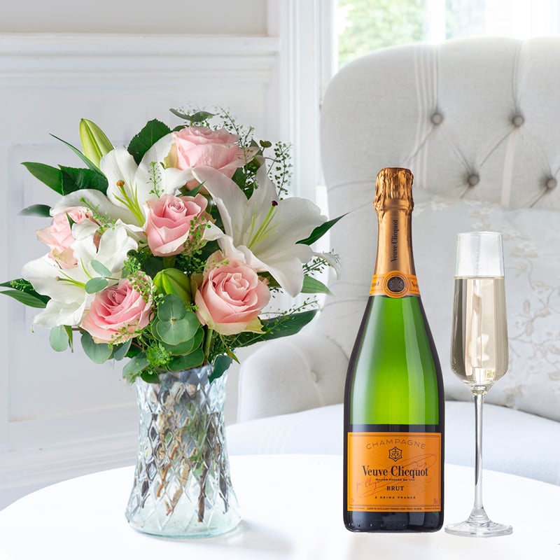 Simply Pink Rose & Lily & Veuve Clicquot Champagne | Flowers & Champagne Gift Set | UK Next Day Delivery - Appleyard London
