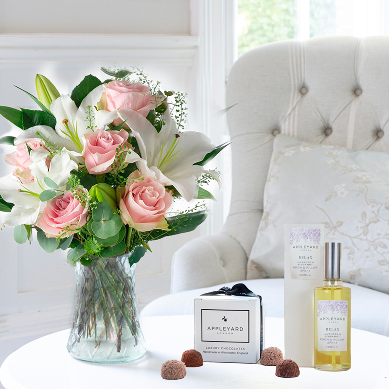 Luxury Pink Roses & White Lilies | Lavender Room Spray & Chocolate Truffles | Luxury Flowers & Gifts Delivery UK | Appleyard London